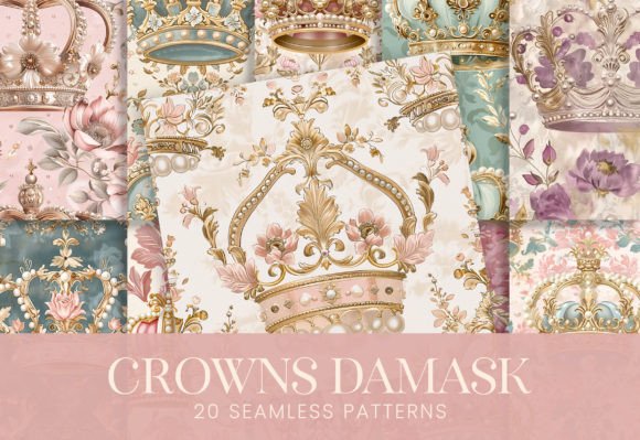 Pastel Princess Crowns Damask Pearls: A Versatile Seamless Pattern Set for Creative Projects